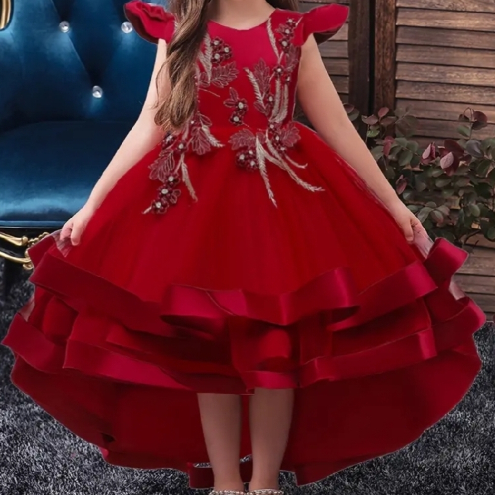 Elegant Red Formal Kids Dress with Floral Embroidery